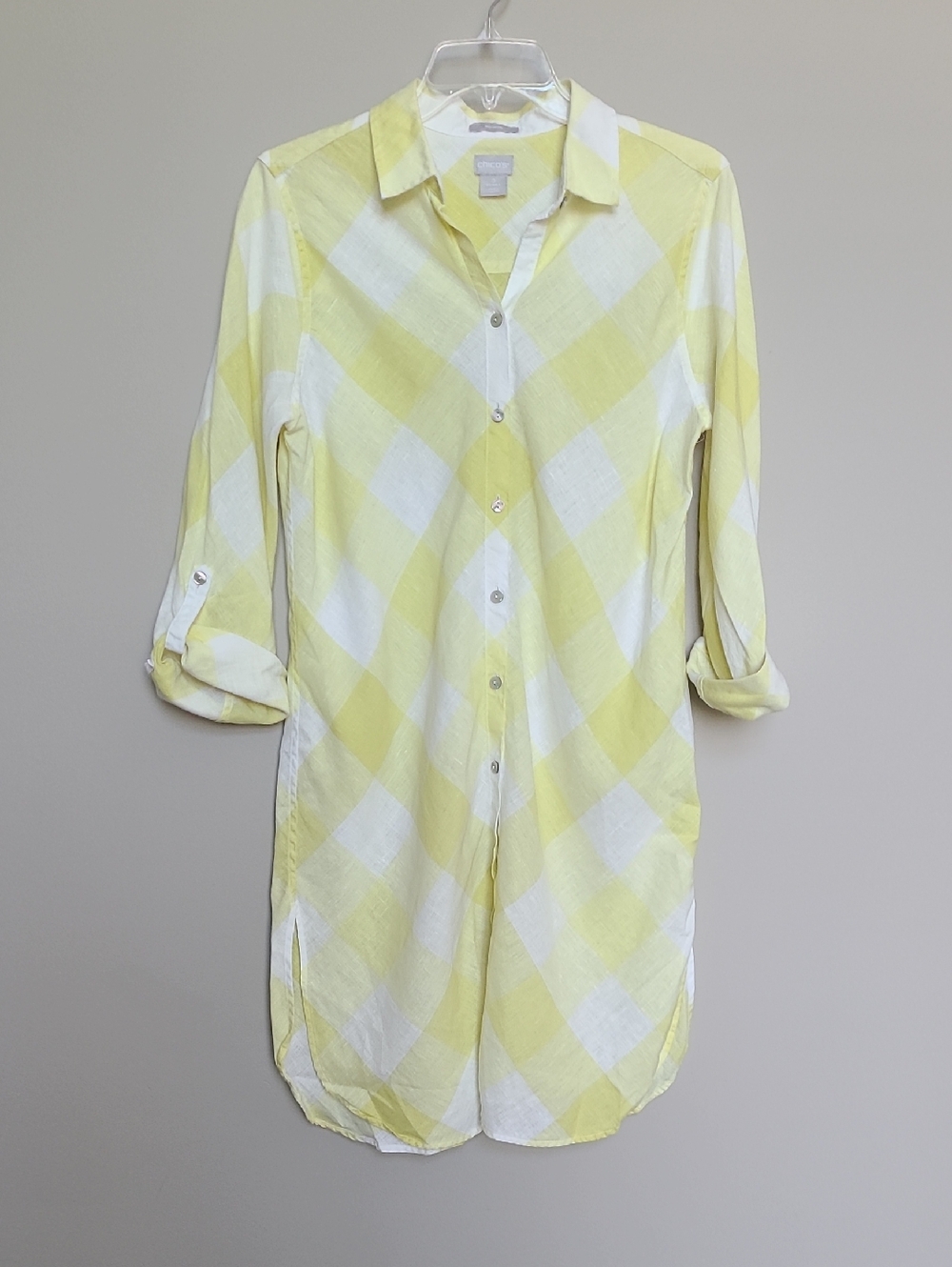 Chico's Size 0 Yellow White Large Check Linen  Shirt Dress